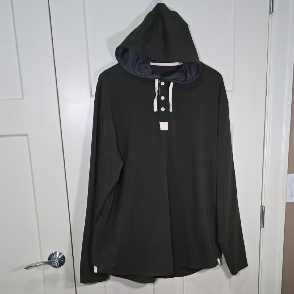 BYLT Drop Cut Hooded Henley Pullover with White Accents Lux Soft Fabric